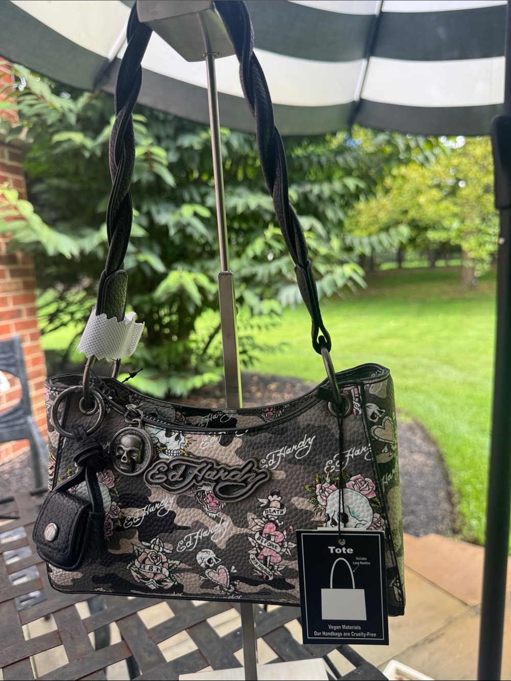 Ed Hardy Black and Gray Floral Logo Shoulder Bag